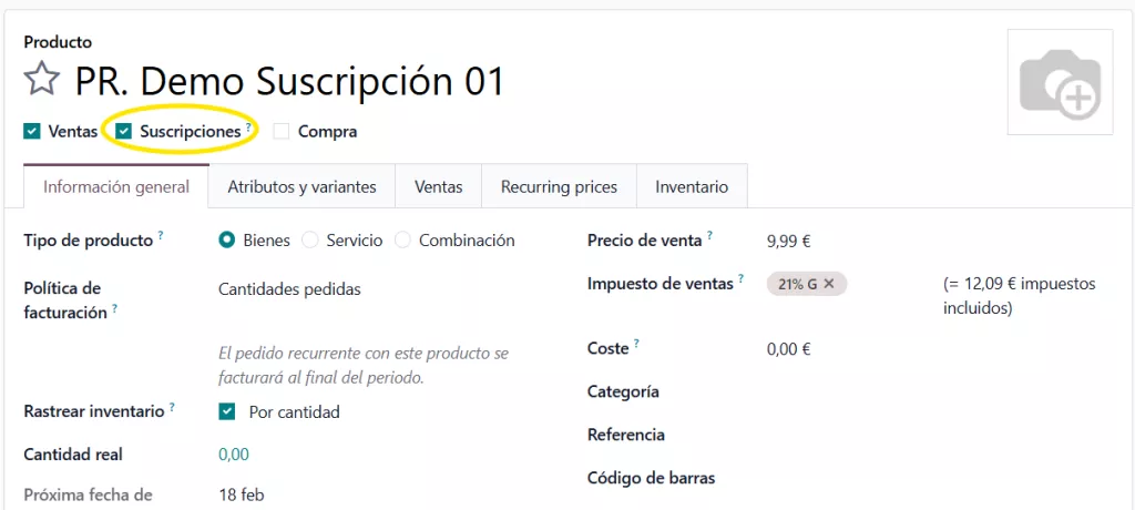 Configuración de producto de suscripción - 1